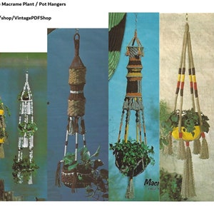 May include: Five vintage macrame plant hangers in various colors and patterns. The hangers are made of natural fibers and have a rustic, bohemian style. They are perfect for adding a touch of vintage charm to any home.