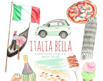 Watercolor Clip Art Italy Set, Italia, Pisa, Pizza, Gelato, Cannoli, Gondola, Venice, Flag, Spaghetti, Fiat, Car, Beach, Wine, Pasta, Vino