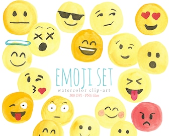Acuarela Clip Art Emoji Set, Teléfono inteligente, Emociones, Cara sonriente, Triste, Loco, Enojado, Guiño, Tonto, Emocional, Pegatinas, Ojos del Corazón, Amor