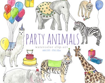 May include: Watercolor clip art set of party animals wearing party hats. The set includes a llama, elephant, zebra, tiger, giraffe, monkey, hippopotamus, and a cake. The animals are all wearing party hats and have a festive look.