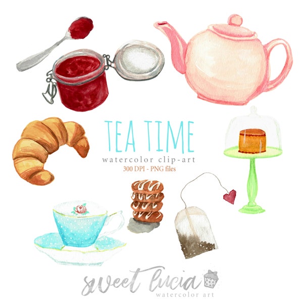 Aquarell-Clip-Art-Tea-Time Set, Kekse, Gebäck, Croissant, Teekanne, Etagere, Teetasse, Teebeutel, Marmelade, Marmelade, englisches Frühstück