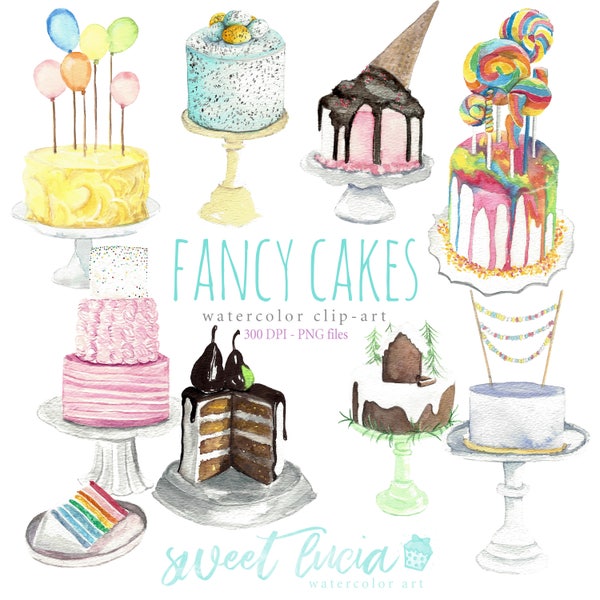 Aquarell Clip Art Phantasie Kuchen Set, Urlaub, abgestufte Kuchen, Bäckerei, Süßigkeiten, Gebäck, Regenbogen, Ballon, Geburtstag, Party, gebacken, Hochzeit