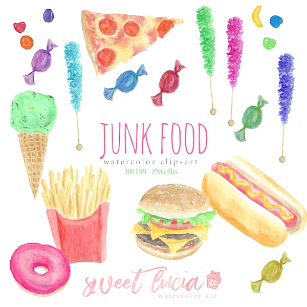 Watercolor Clip Art Junk Food Set, Hamburger, Hot Dog, French Fries, Candy, Rock Candy, Donut, Runts, Fast Food, Pepperoni Pizza, Ice cream