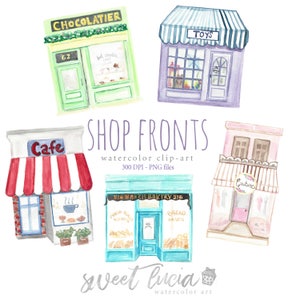 Aquarel Clip Art Shop voorste Set Store Front, gebouwen, Business, Scrapbooking, gebak, Cafe, bakkerij, boetiek, supermarkt