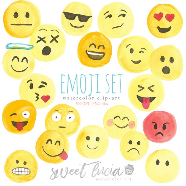 Watercolor Clip Art Emoji Set, Smart Phone, Emotions, Smiley Face, Sad, Mad, Angry, Winking, Silly, Emotional, Stickers, Heart Eyes, Love