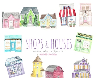 Tienda Frentes & Casas Acuarela Clipart Set Instant Download Imprimible Arte Digital Gráficos Boutique Barn Candy Shop Bakery Store Cottage