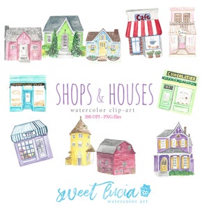 Shop Fronts & Houses Watercolor Clipart Set Instant Download Printable Art Digital Graphics Boutique Barn Candy Shop Bakery Store Cottage