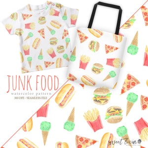 May include: A watercolor pattern featuring a variety of junk food items, including hamburgers, hot dogs, french fries, pizza slices, and ice cream cones. The pattern is on a white background and is perfect for use in a variety of creative projects.