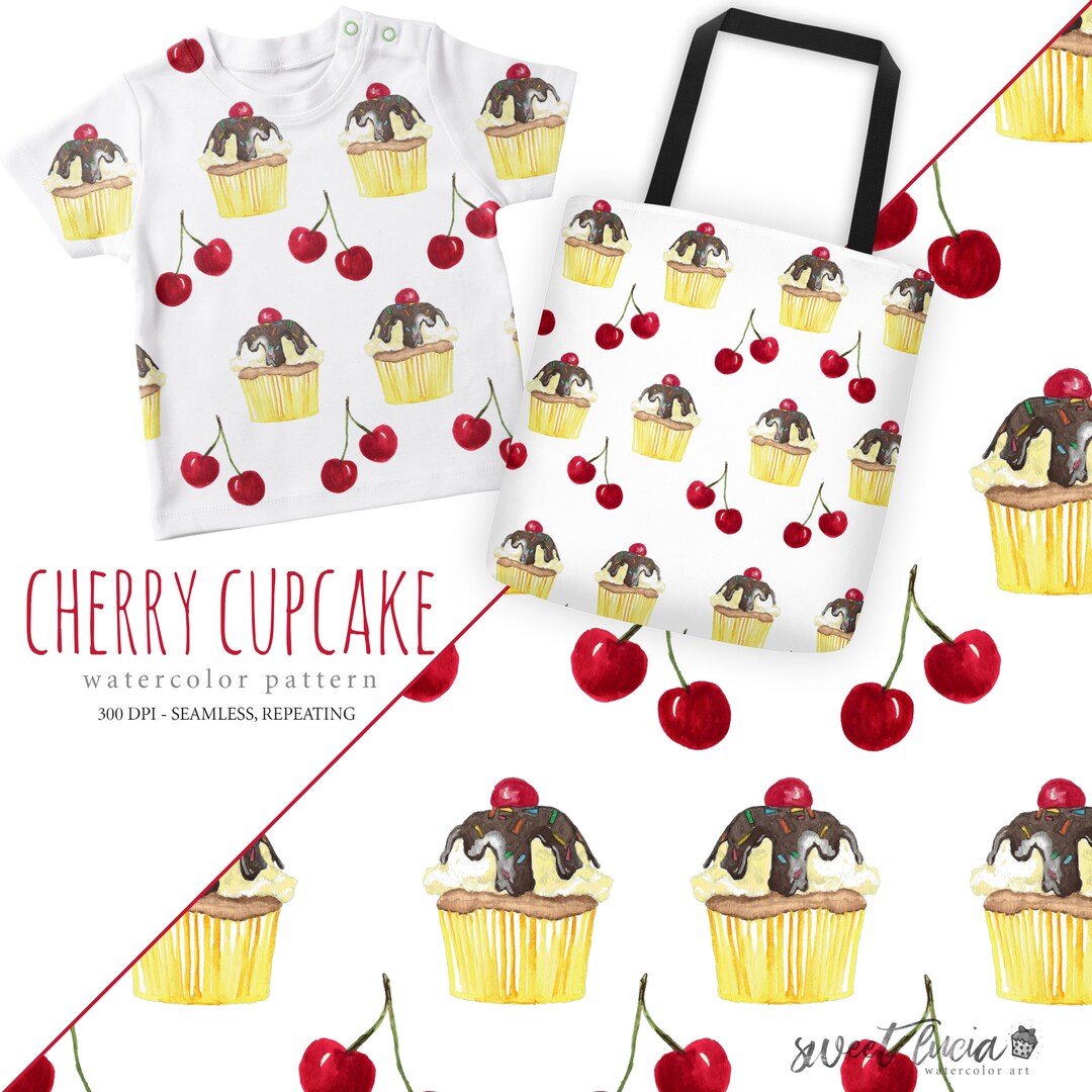Seamless Cherry Cupcake Pattern - Watercolor Artwork Features Cherry ...