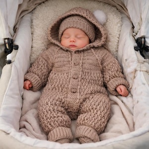 Crocheting Pattern PDF Size 0-6 Months Baby Hooded One Piece Jumpsuit, Hat & Booties