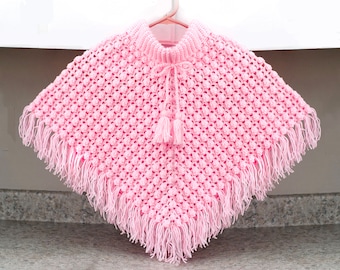 CROCHETING PATTERN PDF Size 2 -3, 4-5 & 6-7, Girls Poncho, Child Youth, Turtle Neck Cape, Popcorn Stich Wrap Fringed, English Instructions