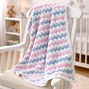 Crocheting Pattern PDF Baby Striped Blanket, Cluster Shell Stitch Afghan, One size