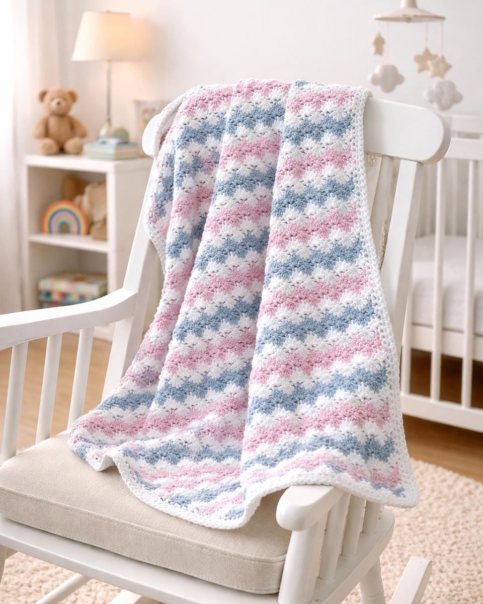 Crocheting Pattern PDF Baby Striped Blanket, Cluster Shell Stitch