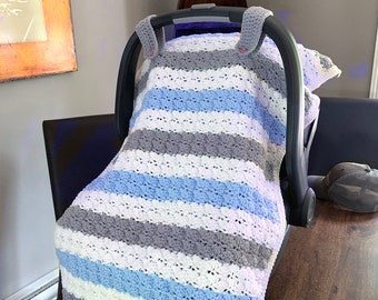 CROCHETING PATTERN PDF, Baby Car Seat Canopy, Striped Blanket Afghan, Cluster Shell Stitch, Crocheted Stroller Tent, English Instructions