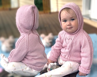 KNITTING PATTERN PDF Baby Hooded Back-Zip Hearts Sweater, Sizes 6, 9 & 12 Months Jumper, Heart Graph Chart and Written English Instructions