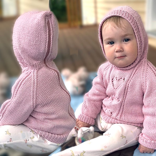 KNITTING PATTERN PDF Baby Hooded Back-Zip Hearts Sweater, Sizes 6, 9 & 12 Months Jumper, Heart Graph Chart and Written English Instructions