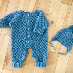 CROCHETING PATTERN PDF 0-6 Months Baby Crew Neck Jumpsuit & Earlfap Hat, Texture Hooded, One Piece Overall Crocheted, English Instructions