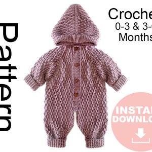 Crocheting Baby ROMPER PATTERN PDF Texture Crochet Raglan Sleeve Hooded One Piece Jumpsuit, Overall Leggings Crocheted Pram Snow Suit Jumper