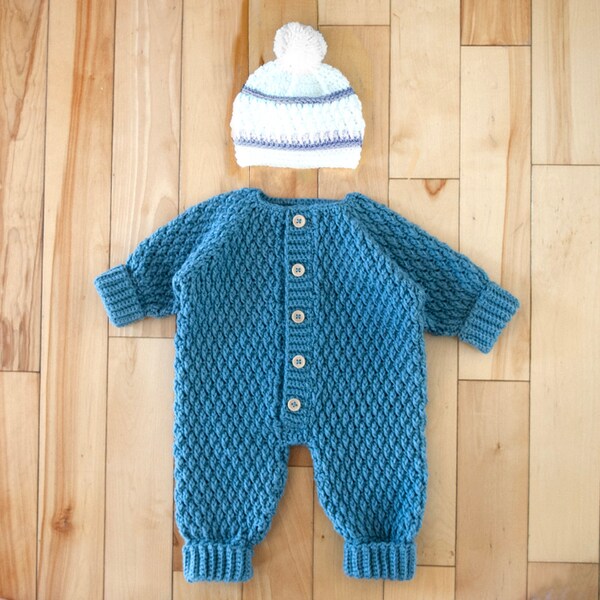 CROCHETING PATTERN PDF 0-6 Months Baby Crew Neck Jumpsuit & Beanie Hat, Alpine Textured One Piece Overall Crocheted, English Instructions