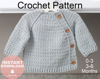 CROCHETING PATTERN PDF Reversible Texture Crochet Raglan Sleeve Sweater, Side Fastening Button Cardigan, Top Down Crocheted, Size 3-6 Months