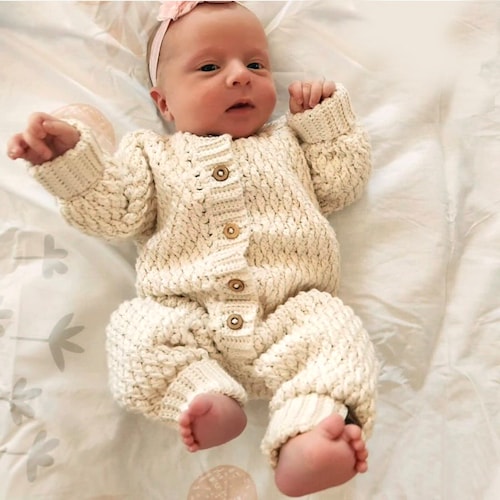 CROCHETING PATTERN PDF Size 0-3, 3-6, 12-18 & 18-24 Months, Baby One Piece Crew Neck Jumpsuit, Crocheted Top Down, Instant Download