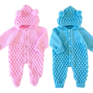 KNITTING PATTERN PDF 0-3 & 3-6 Months, Romper Knit Down, Top to Bottom Hooded One Piece Jumpsuit, Baby Overall Leggings, English Instruction