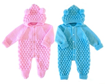 KNITTING PATTERN PDF 0-3 & 3-6 Months, Romper Knit Down, Top to Bottom Hooded One Piece Jumpsuit, Baby Overall Leggings, English Instruction