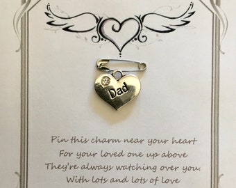 Loving memory | memorial | dad | daddy | heart charm | sympathy | funeral | bracelet or necklace charm | brooch | key charm | card | gift