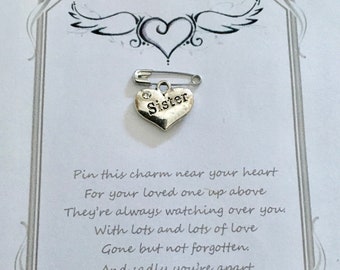 Loving memory | memorial | Sister | Brother | heart charm | sympathy | funeral | bracelet | necklace charm | brooch | key | gift | card
