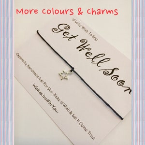 Get well soon, wish, bracelet, key, bag charm, various charms, cord, ribbon, colour & envelope choices, greeting card gift