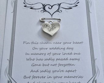 Wedding day loving memory, memorial, dad, mum, remembrance, heart charm, bracelet or necklace charm, brooch, pin, key charm, gift, card