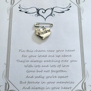May include: A silver heart-shaped charm with the word "Brother" on a safety pin, set against a white card with a decorative border. The card includes a poem about remembrance and love.