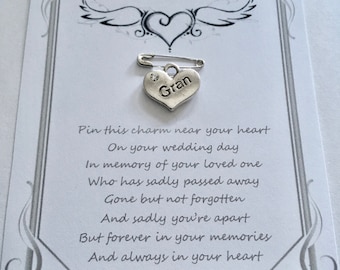 Wedding day loving memory, memorial, gran, grandma, remembrance, heart charm, bracelet or necklace charm, brooch, pin, key charm, gift, card