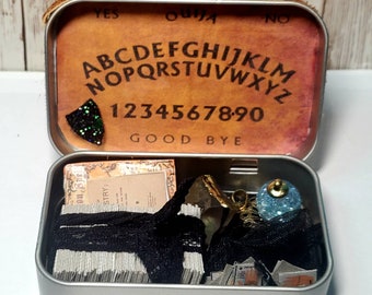 mini tarot tin, mini tarot kit, on the go mini tarot tin, palmistry ouija board psychic spell kit, mini tarot card deck, mini ouija board,