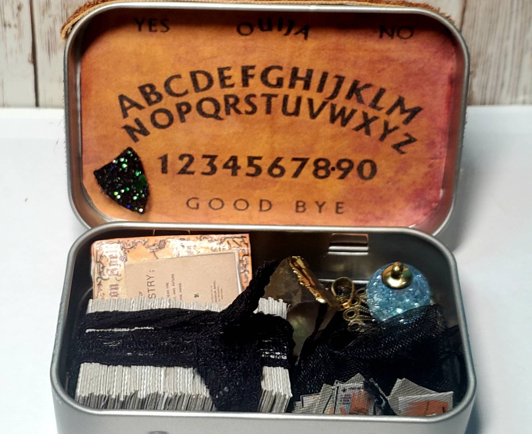 mini tarot tin, mini tarot kit, on the go mini tarot tin, palmistry ouija board psychic spell kit, mini tarot card deck, mini ouija board,