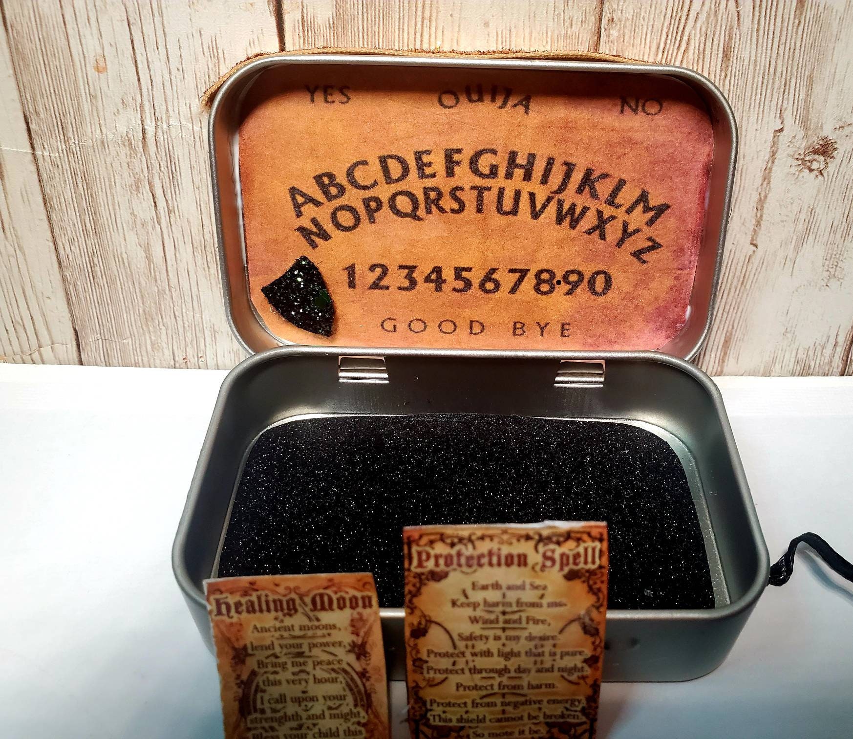 mini tarot tin, mini tarot kit, on the go mini tarot tin, palmistry ouija board psychic spell kit, mini tarot card deck, mini ouija board,