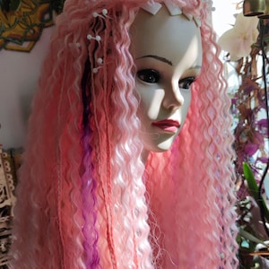 Pink curly extra volume hair dreadlocks extensions full set, purple wavy double ended accent dreads, custom number of single ended locks