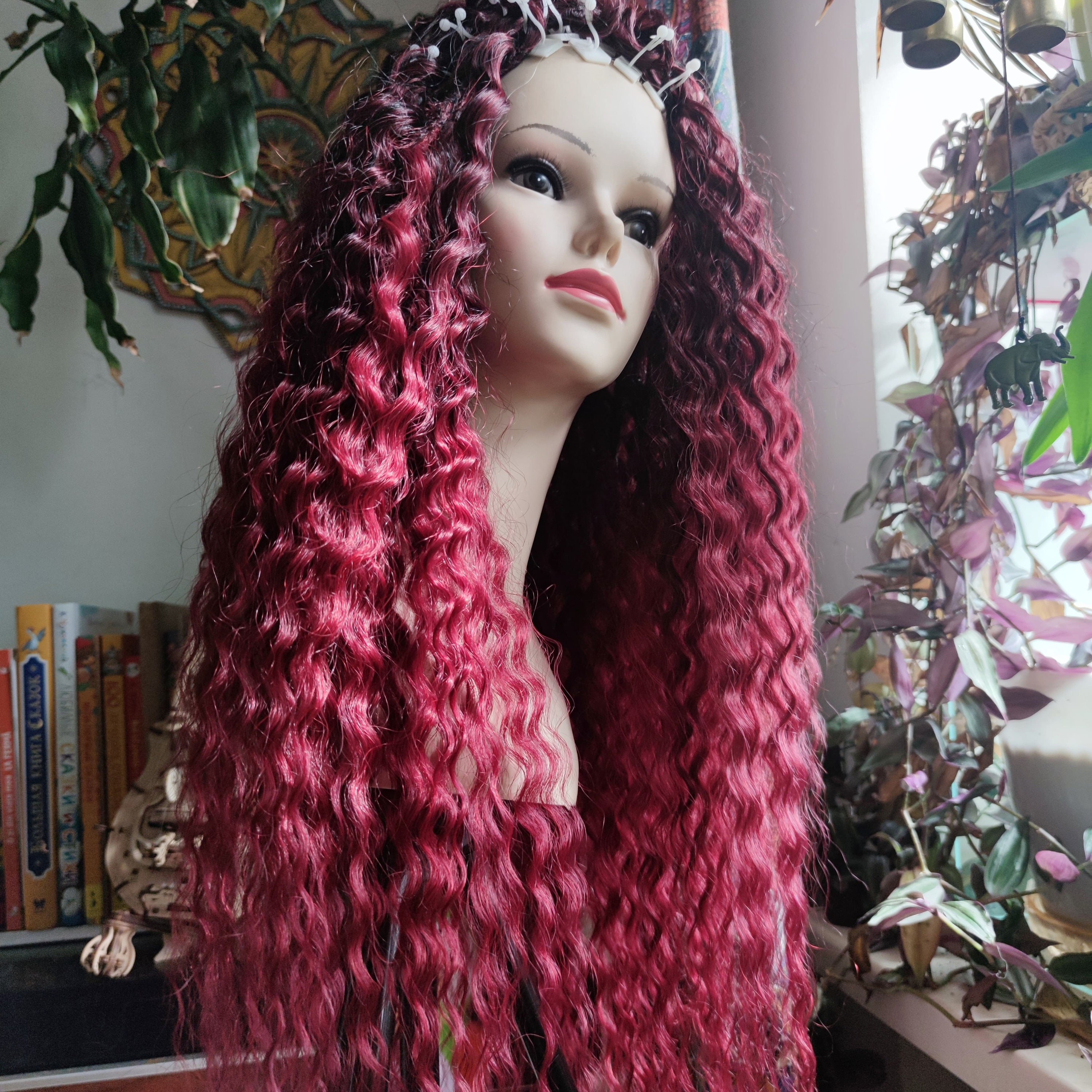 Berry Wine Boho Curls – burgundy twist braids & curly DE/SE set braid in synthetic locks extensions, deep wine pink waves, fantasy boho hair