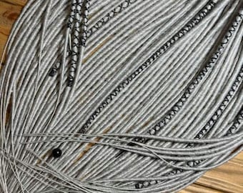 Silver Grey Synthetic Dreads with Black Thread Wraps - Boho Braid Hair Extensions