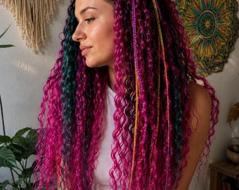 Rastas sintéticas estilo boho, degradado rosa frambuesa, onduladas (juego completo o parcial)
