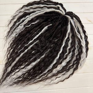 Salt & Pepper Boho Curls — black with white accent braid-in waves | synthetic curly locs | DE/SE set | boho hair extensions