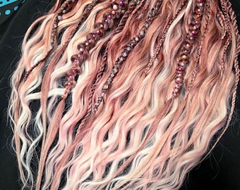Boho Rose Quartz Dreads & Waves Set — Handcrafted Braids, Beads and Curly Extensions
