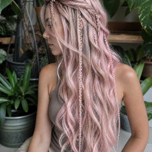 May include: A woman with long, wavy, pink-toned hair styled with braids and small, dangling braids. The hair is a mix of light blonde and pink hues. The woman is wearing a gray tank top and sitting in front of plants.