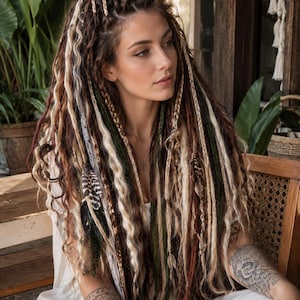 May include: A woman with long, multi-colored dreadlocks, featuring shades of brown, blonde, green, and white. The hair is styled with braids and decorative elements. She is wearing a white dress and has tattoos on her arm.