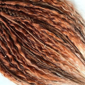 May include: Close-up of a collection of dreadlocks in various shades of brown, copper, and blonde. The dreadlocks are styled with a mix of textures, including wavy and braided sections. Some strands are adorned with small silver beads.