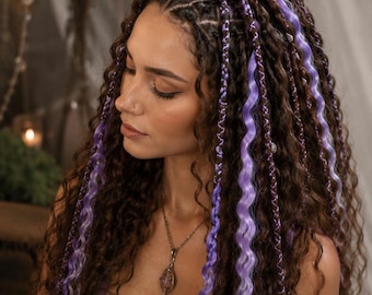 Mocha Lavender Waves boho dread extensions, synthetic curly locs, DE/SE set
