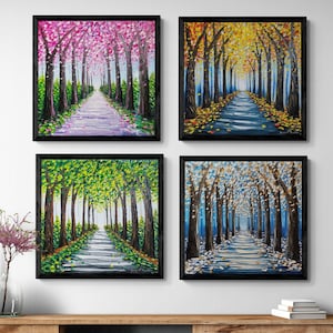 Set of Four Seasons Oil Paintings Original Impasto Texture Wall Art | Palette Knife Trees for Nature Lovers | Colorful Seasonal Home Decor
