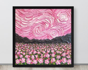Framed art print Pink Starry Night flower field oil painting large wall art poster with wood frame fine art inspired by Van Gogh