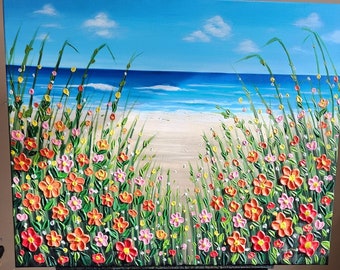 Original painting Orange flowers by the Sea canvas wall art Coastal Beach flower painting acrylic impasto textured palette knife artwork