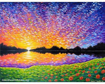 Original painting Sunset by the Lake with Poppies canvas wall art impressionist painting of mountains large colorful artwork home decor gift